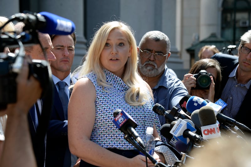 Virginia Roberts Giuffre speaking to reporters in New York in 2019. Photograph: Jefferson Siegel/The New York Times
                      