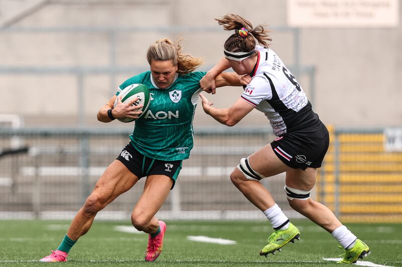 Ireland's Béibhinn Parsons tackled by Canada's Karen Paquin. Photograph: INPHO/ Ben Brady
