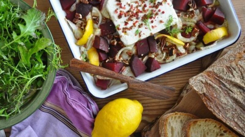 Lilly Higgins’s feta baked with pink peppercorns.