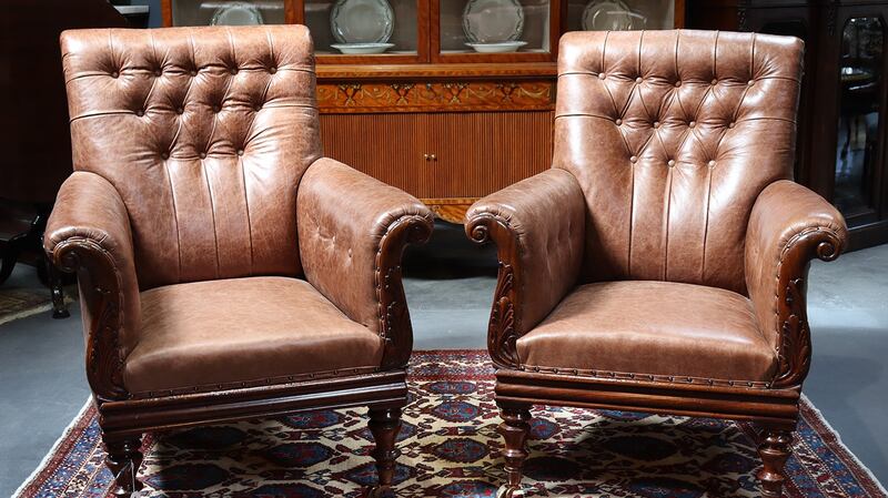 What makes these Straffan Antiques chairs, € 7,500 for the pair, special is their proportions, the quality leather, the overhaul of inner springs done onsite in our workshop, and the historical connection to Williams & Gibton, one of Dublin’s finest early 19th century furniture makers, says Eoin Ryan