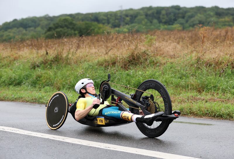PARIS, FRANCE - SEPTEMBER 05: Lauren Parker of Team Australia competes during the Women's H1-4 Road Race on day eight of the Paris 2024 Summer Paralympic Games at  on September 05, 2024 in Paris, France. (Photo by Michael Steele/Getty Images)
