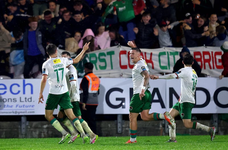 Cork City's Darragh Crowley celebrates scoring a late goal against Shamrock Rovers at Turner’s Cross. Photograph: Ryan Byrne/Inpho