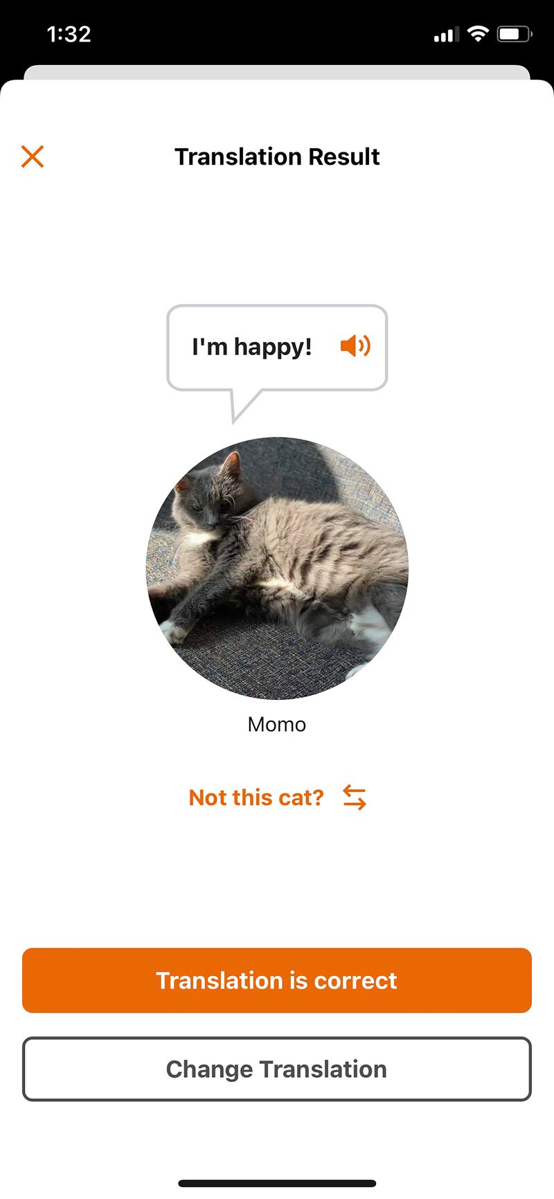 A pet translation by the MeowTalk mobile app. Photograph: MeowTalk via The New York Times