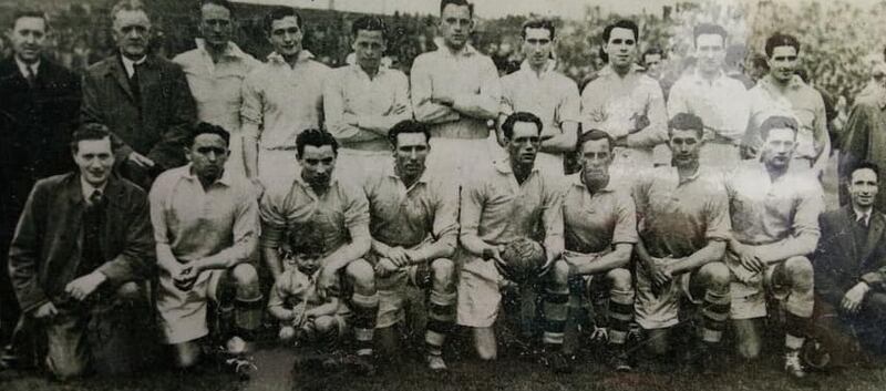 Antrim, captained by George Watterson, before their victorious 1946 Ulster Senior Football Championship final against Cavan.