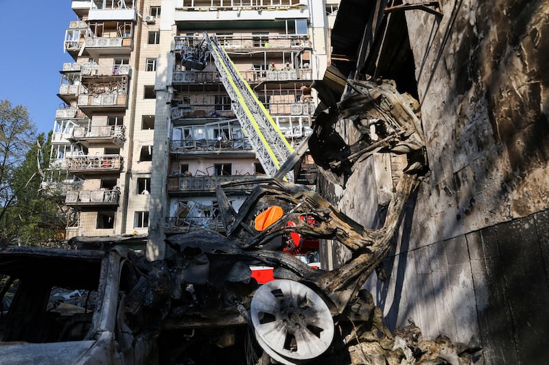 A damaged residential building following Russian missile strikes in Kyiv on Sunday. Photograph: Sergei Supinsky/AFP/Getty