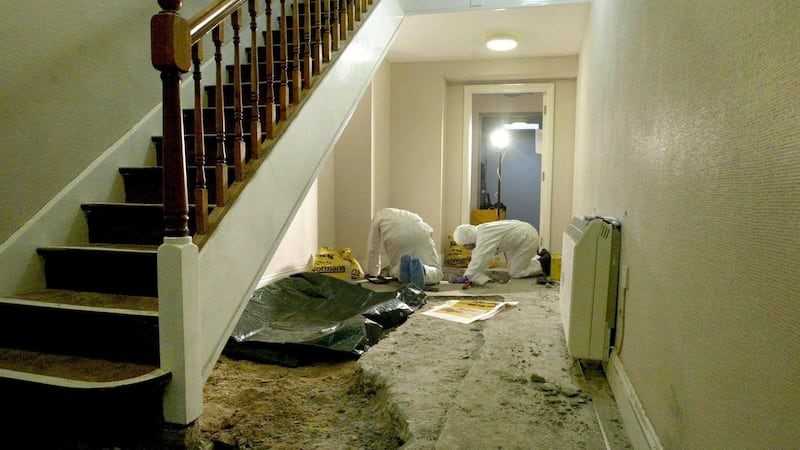 Forensic officers examining a scene at the former children’s home at Haut de la Garenne in Jersey, where more than 160 victims have claimed they were abuse. Photograph:  Katie Collins/PA Wire