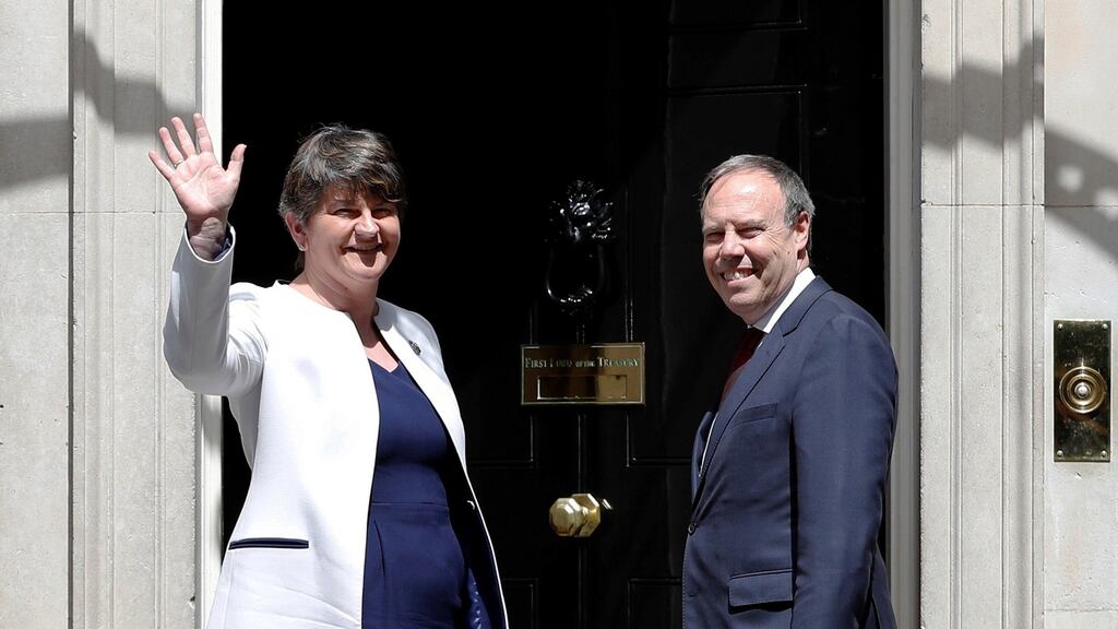 DUP leader Arlene Foster and deputy leader Nigel Dodds at Downing Street. File photograph: Reuters