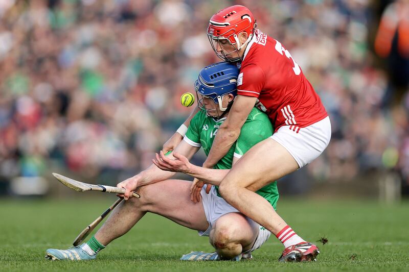 Limerick's Shane O'Brien and Ciarán Joyce of Cork during the National Hurling League final at the Gaelic Grounds earlier this month. Photograph: Laszlo Geczo/Inpho