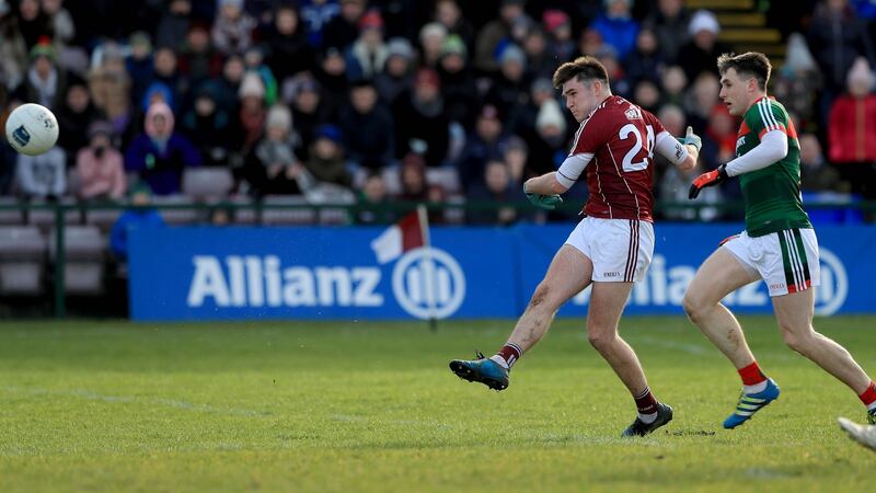 Barry McHugh scores  for Galway in the Allianz Football League Division One game against Mayo at Pearse Stadium. Photograph:  Donall Farmer/Inpho
