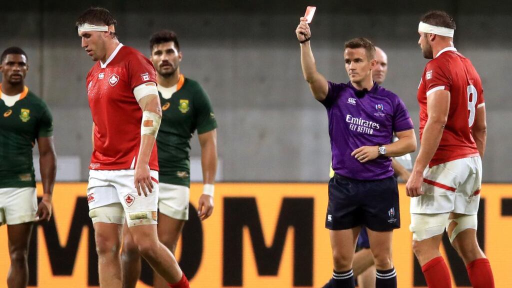 A red card is issued to Canada’s Josh Larsen by referee Luke Pearce during their World Cup Pool B match at against South Africa at the Kobe Misaki Stadium. Photograph: Adam Davy/PA Wire