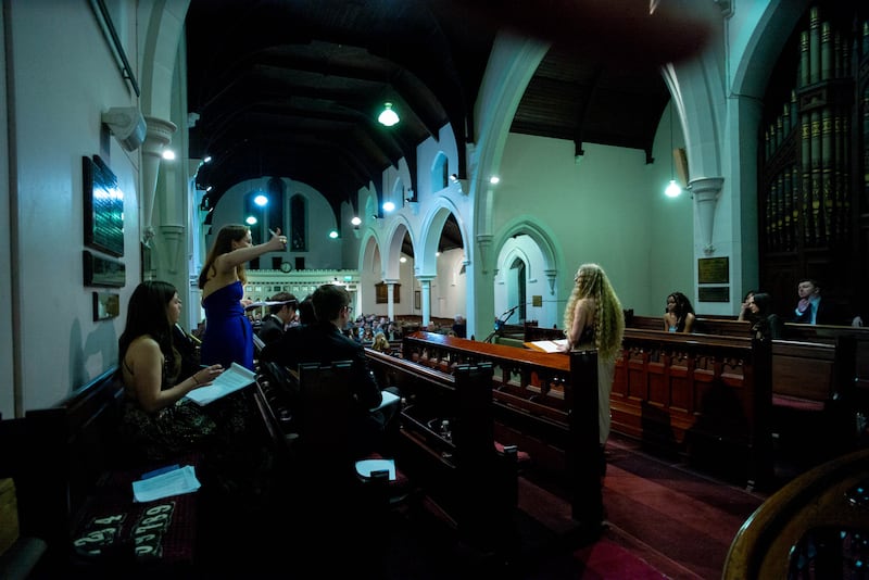 Ciara McLoughlin, The Kings Inn, speaking as Katie Kiely, UCD L&H asks a question at the Irish Times Debate. Photograph: John Ohle