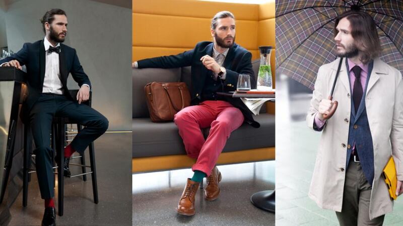 Left: Jacket, €275; Gagliardi, white shirt, €70; Richard James, trousers, €195; Jaeger, dot bowtie, €85; Brooks Brothers, red socks, €12; Ralph Lauren, shoes, €230; Sweeney LondonRight: Shirt, €79; Trousers €109; Sports jacket, €329; Trench coat, €329; Knitted tie, €99; Belt, €49; Yellow iPad case, €50; all Tommy Hilfiger; Umbrella, €50; Barbour  Middle: Floral shirt, €125; Simon Carter, navy cardigan, €120; Reiss, pink jeans, €115 and navy jacket, €525, both Brooks Brothers. Pocket square, €30, Gagliardi; Reversible belt, €45, Ted Baker; Brown boots, €320; Barker, watch, €235; Hugo Boss, brown leather bag, €595; Coach, green socks, €36; Emporio Armani