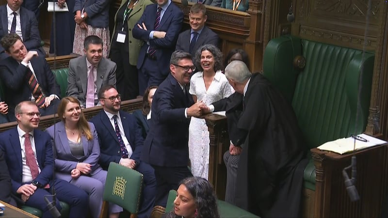 Screen grab of Andy Burnham speaking to Speaker of the House of Commons, Sir Lindsay Hoyle, before being sworn-in as an MP in the Houses of Commons after winning the Makerfield by-election. Picture date: Monday June 22, 2026. PA Photo. Photo credit should read: House of Commons/UK Parliament/PA Wire