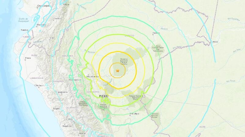 An earthquake with a magnitude of as much as 7.5 stuck northern Peru, the United States Geological Survey says.