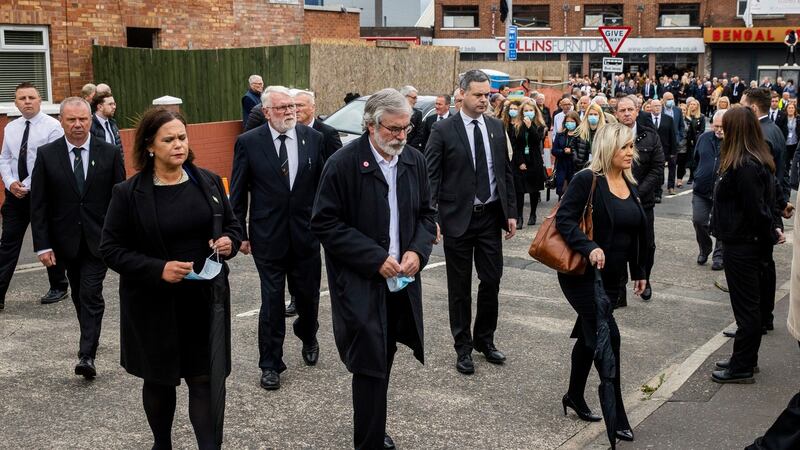 Sinn Féin leader Mary Lou McDonald, former leader Gerry Adams, and the deputy first minister Michelle O’Neill at the funeral of Bobby Storey. Photograph: Liam McBurney/PA Wire