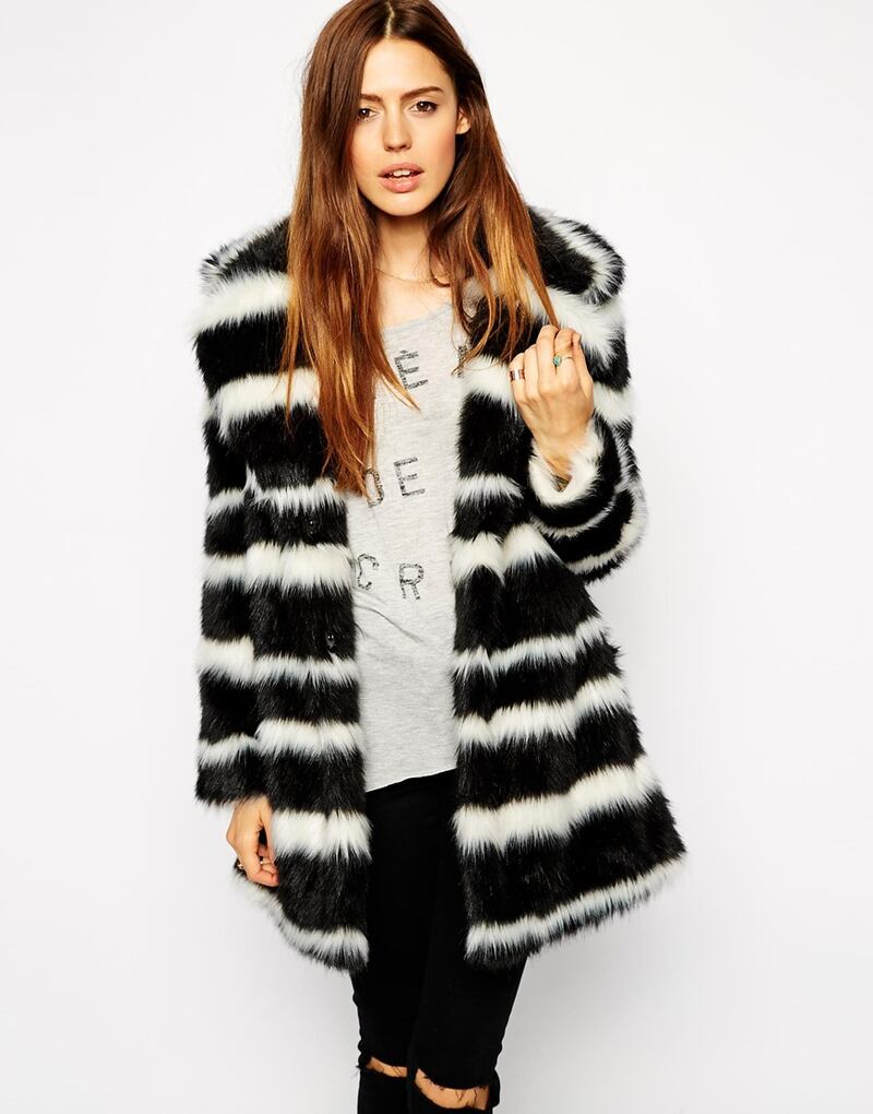 ASOS Faux Fur Coat in Mono Stripe €121.43