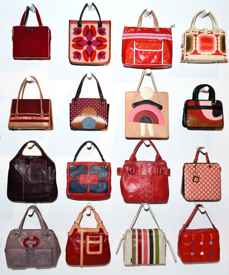 Some of the Orla Kiely bags on display at the London  Textile and Fashion Museum exhibition.