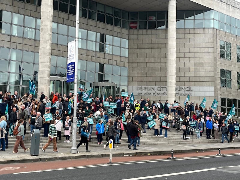 About 200 Dublin city Council workers gathered on the steps of the Civic offices. Photograph: Olivia Kelly