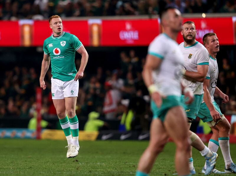 Ireland's Ciarán Frawley watches his late drop goal clinch victory over South Africa at Hollywoodbets Kings Park in Durban. Photograph: Dan Sheridan/Inpho 