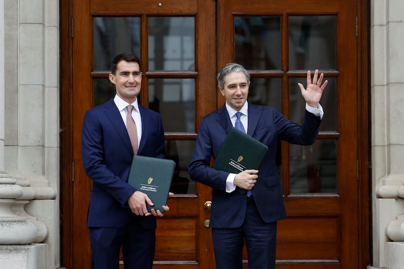 Minister for Public Expenditure Jack Chambers with Tánaiste & Minister for Finance Simon Harris ahead of their speeches on Tuesday.
Photograph Nick Bradshaw / The Irish Times
