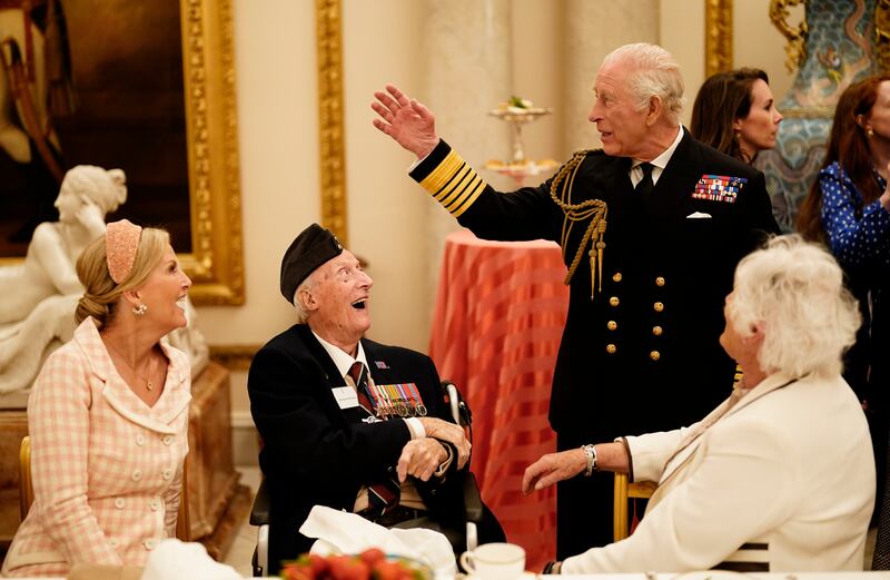 The Duchess of Edinburgh and King Charles III join second World War veterans at a tea party in Buckingham Palace, central London, following the military procession to mark the 80th anniversary of VE Day. Photograph: Jordan Pettitt/PA Wire