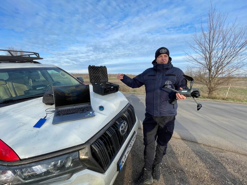 Rostyslav Tsykalenko flies drones over fields to detect mines and unexploded ordnance in southeastern Ukraine as a remote sensing supervisor for the Halo Trust. Photograph: Daniel McLaughlin