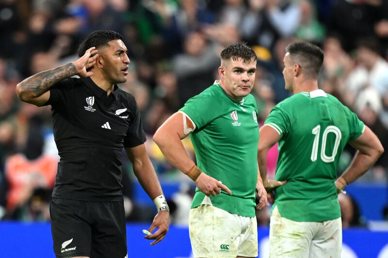 Rieko Ioane celebrates victory at full-time following the Rugby World Cup match between Ireland and New Zealand in 2023. Photo by Hannah Peters/Getty Images
