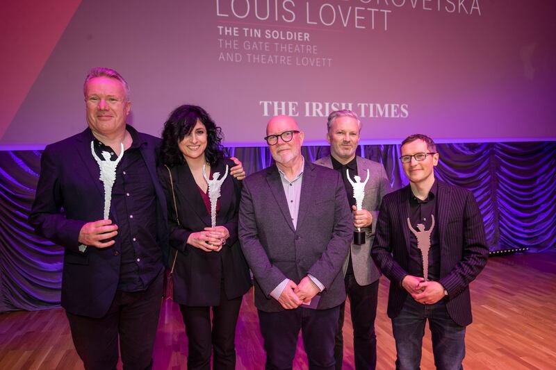 Irish Times Arts and Culture Editor Hugh Linehan (centre) with the winners of the best-soundscape award, Conor Linehan, Olesya Zdorovetska, Louis Lovett and Carl Kennedy, of The Tin Soldier. Photograph: Tom Honan
