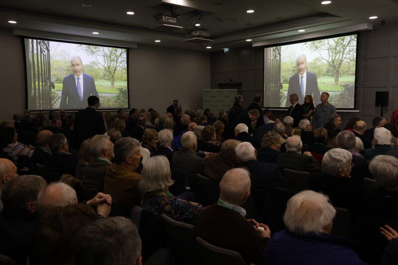 Tánaiste and Fianna Fáil leader Micheál Martin on the big screen at the Fianna Fáil special ardfheis on Sunday. Photograph: Nick Bradshaw/The Irish Times