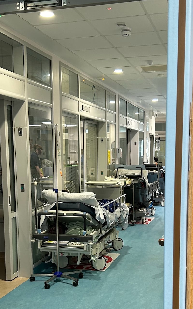 Patients on trollies on the corridors of the emergency department at University Hospital Limerick on Wednesday