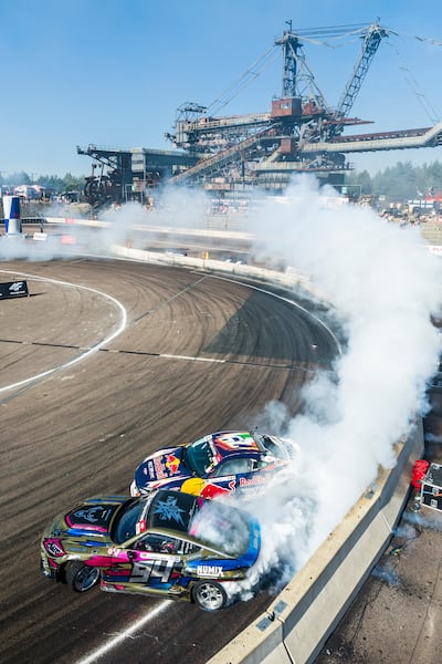 Conor Shanahan burns rubber during the sixth stop of the Drift Masters European Championship at Ferropolis park in Graefenhainichen, Germany on August 15th. Photograph: Predrag Vuckovic