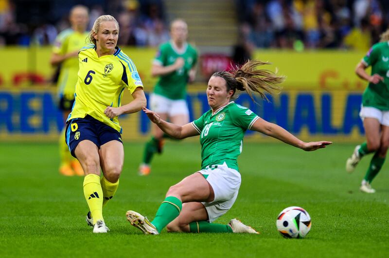 Sweden's Magdalena Eriksson and Ireland's Kyra Carusa. Photograph: Ryan Byrne/Inpho