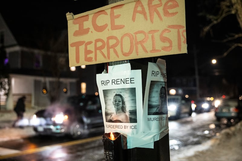 A poster showing a photograph of Renee Nicole Good hangs on a lamppost at the site where she was shot and killed by an Ice agent while she was in her vehicle in Minneapolis, Minnesota. Photograph: David Guttenfelder/The New York Times
                      