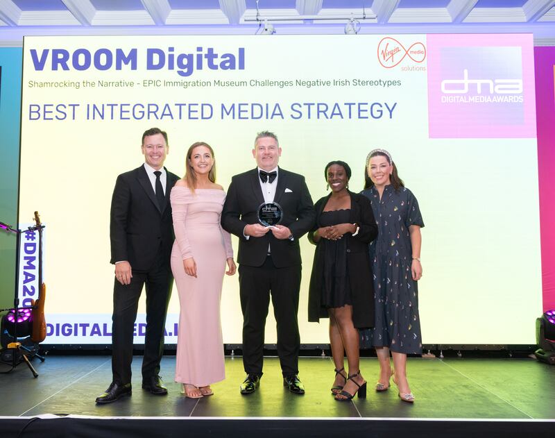 Vroom Digital winners on stage accepting the award for best integrated media strategy. Photograph: Paul Sherwood