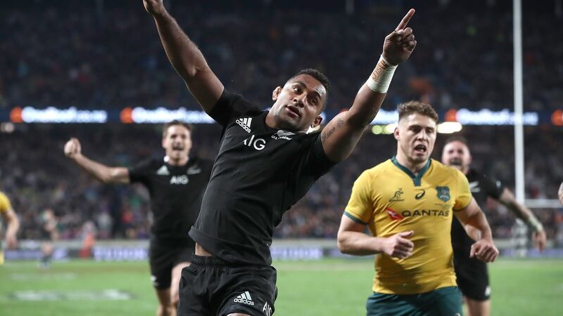 All Blacks’s Sevu Reece  celebrates his try during the Rugby Championship and Bledisloe Cup Test against Australia at Eden Park on August 17, 2019 in Auckland, New Zealand. Photograph: Phil Walter/Getty Images
