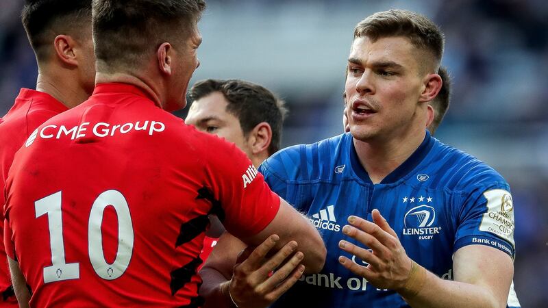 Garry Ringrose congratulates Saracens’ Owen Farrell after the Champions Cup final defeat: “In the bigger picture I don’t think we were the better team on the day and, from my own perspective, I didn’t play well that day. So it was a double whammy.” Photograph: Gary Carr/Inpho