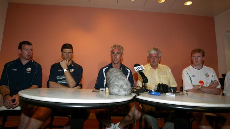 Alan Kelly, Niall Quinn, Mick McCarthy, Brendan Menton and Steve Staunton at a press conference in 2002. Photograph: Inpho