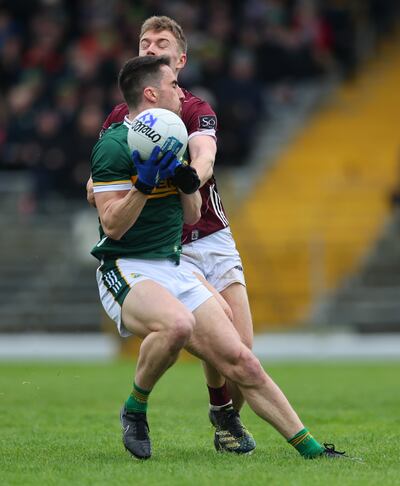 Kerry’s Brian Ó Beaglaoich and Dylan McHugh of Galway. Ó Beaglaoich has really added to his game and is able to man mark, carry the ball forward and now take scores. Photograph: James Crombie/Inpho