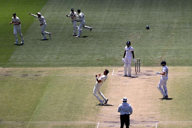 Australia's Mitchell Starc (C) celebrates dismissing England batsman Jofra Archer on the final day of the third Ashes Test match at the Adelaide Oval. Photograph: William West/AFP via Getty Images