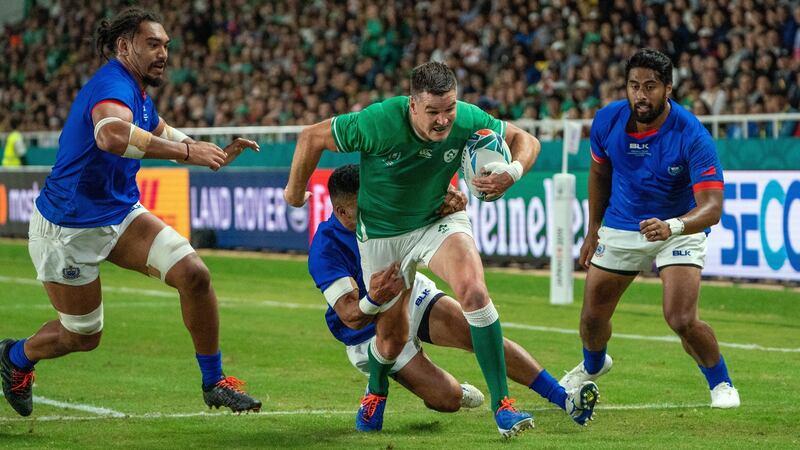 Johnny Sexton bursts through to score for Ireland against Samoa. Photograph: Hiroshi Yamamura/EPA