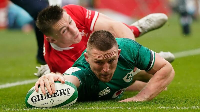 Ireland’s Andrew Conway scores a try  at Aviva Stadium on Saturday. Photograph: Niall Carson/PA Wire