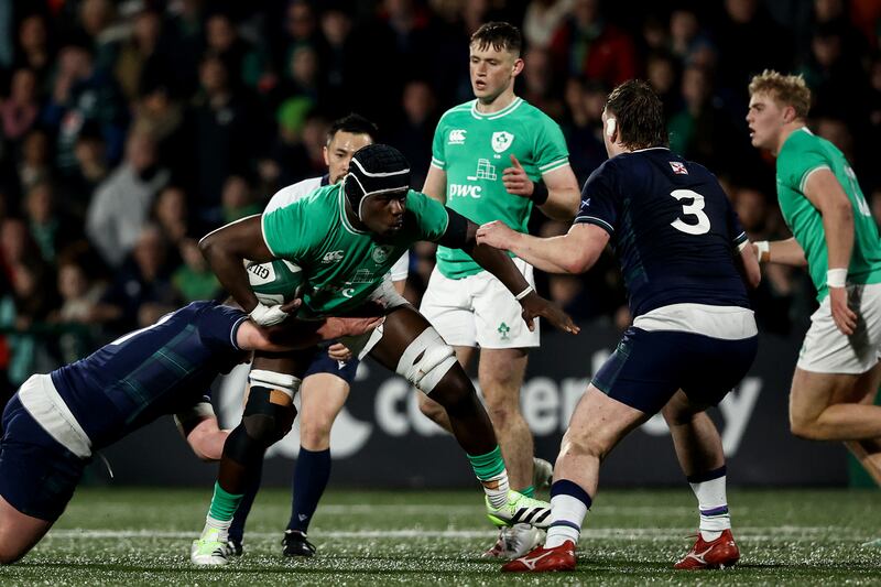 Ireland's Sean Edogbo is tackled. Photograph: Ben Brady/Inpho