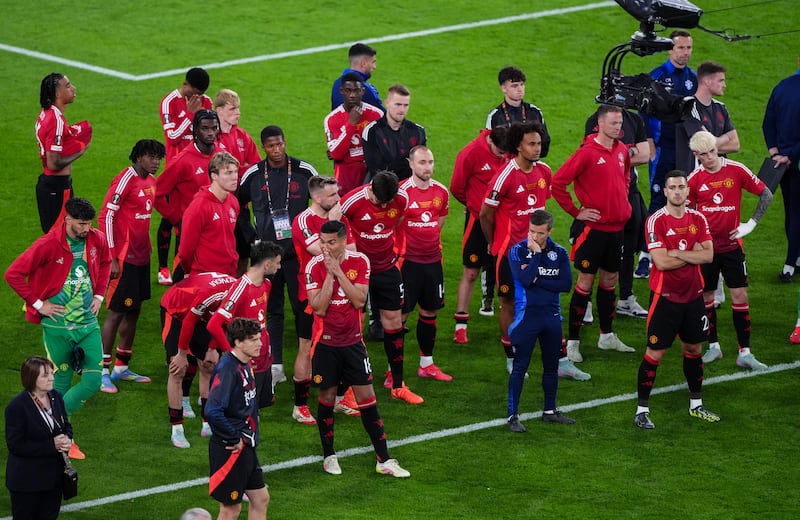 Manchester Unitd players stand dejected following their defeat to Spurs in the Europa League final. Photograph: Andrew Milligan/PA Wire