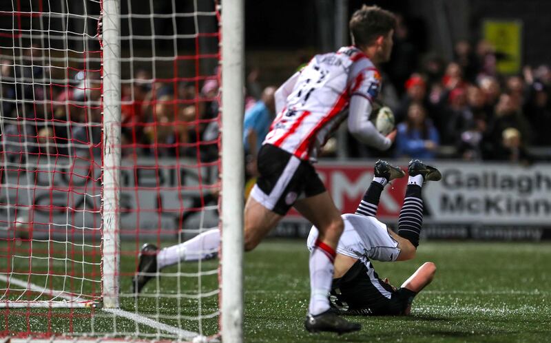 Sligo's Reece Hutchinson miss-kicks his attempted clearance over Sligo goalkeeper Edward McGinty to score an own goal. Photograph: Lorcan Doherty/Inpho