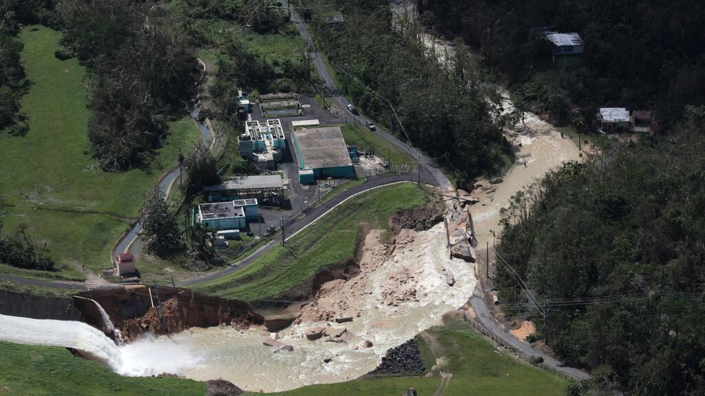 An aerial view shows the damage to the Guajataca dam in the aftermath of Hurricane Maria, in Quebradillas, Puerto Rico September 23, 2017. Photograph: Alvin Baez/Reuters