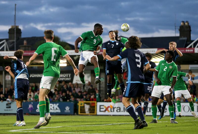 Sinclair Armstrong of Ireland wins a header against San Marino in the European Under-21s qualifier at Turner's Cross in Cork last night. Photograph: Ken Sutton/Inpho