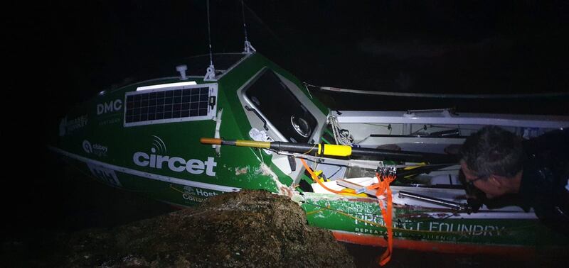 Damian Browne's boat was badly damaged on the rocks at Furbo at the end of his voyage.
