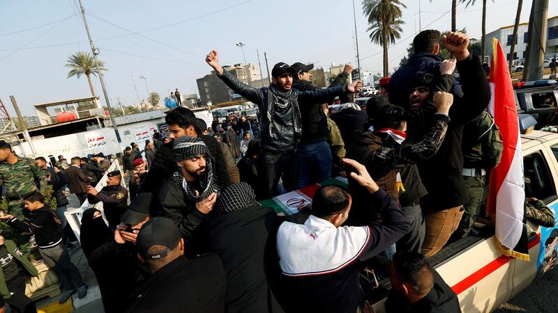 Mourners attend the funeral of the Iranian Major-General Qassem  Qassem Suleimani. Photograph: Wissm al-Okili/Reuters