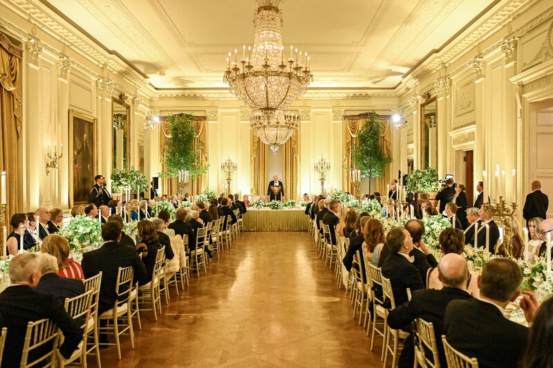 US president Donald Trump welcomes King Charles to a state dinner in the east room of the White House in Washington on Tuesday. Photograph: Kenny Holston/The New York Times