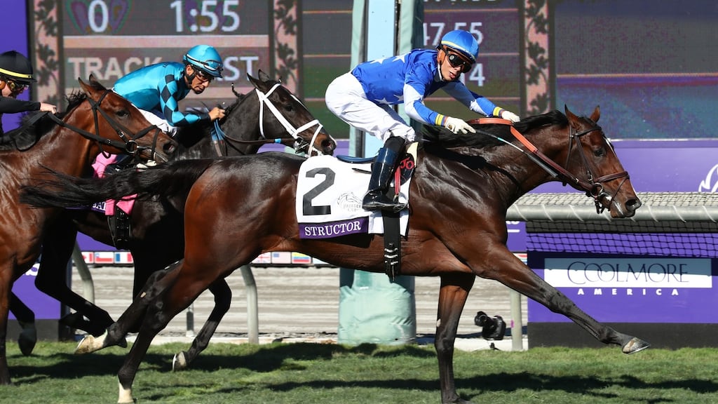 Jose Otriz riding Structor crosses the finish line winning the Juvenile Turf at Santa Anita Park on the first day of the Breedders’ Cup meeting. Photograph: Joe Scarnici/Getty Images
